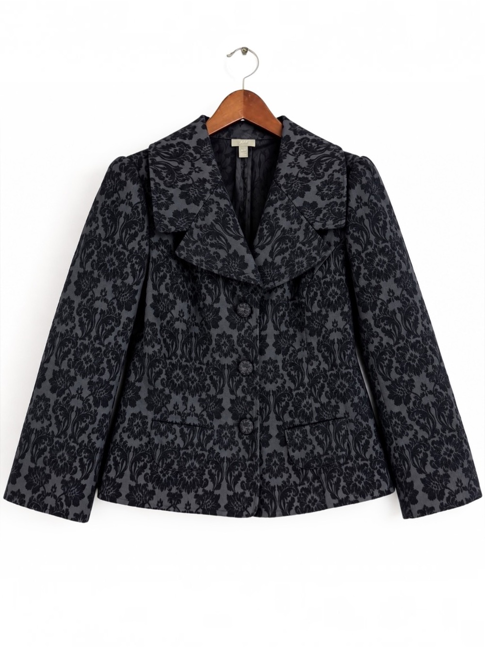 Y2K J.Jill Damask Jacquard Fitted Blazer Jacket Gray Black 8P